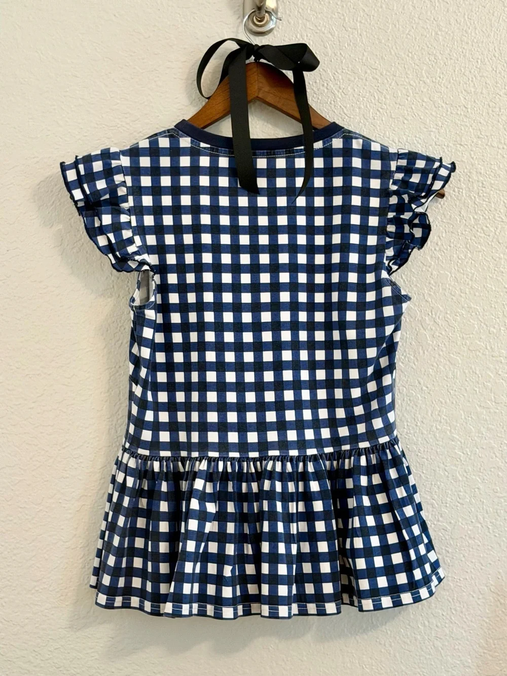 kate spade Navy and White Gingham Ruffle Sleeve Peplum Top